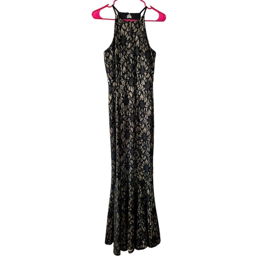 Bailey Blue Black and Gold Floral Lace Overlay Glitter Long Maxi Dress Gown